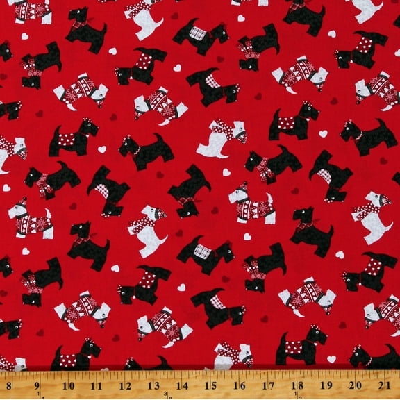 Cotton Scotties Scottish Terriers Scotty Dogs Hearts Winter Hats Scarves Knit & Caboodle Friends Fur-Ever Red Cotton Fabric Print by the Yard (12757-10)