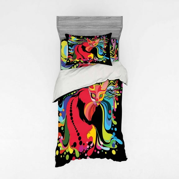 Ambesonne Cat Bedding Set 3 Pcs, Futuristic Rainbow, Twin XL, Multicolor