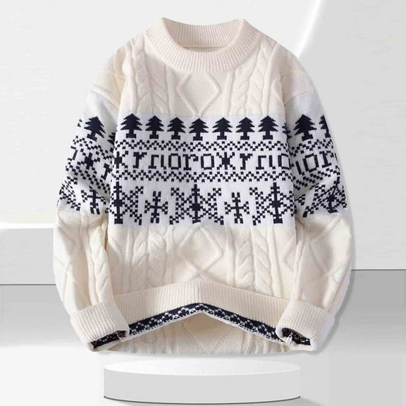 Yteetum Men's Oversize Knitted Sweaters Christmas Reindeer Jacquard Crewneck Stretch Pullover Sweaters Top Mens Casual Christmas Print Loose Elastic Long Sleeve Round Neck Knit Fall Sweater Outerwear