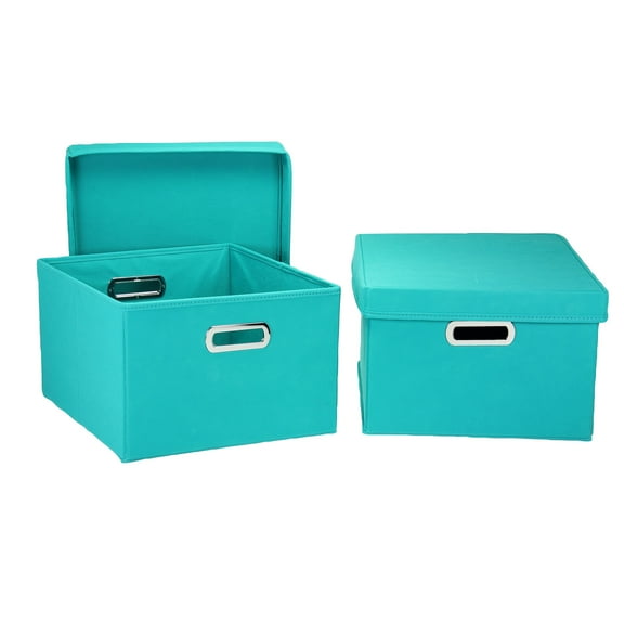 Household Essentials Storage Boxes with Lids, 2 Piece Set with Durable Grommet Handles, PP Non-Woven Fabric with Strong Chipboard Siding, Foldable and Stackable, Easily Accessible, Versatile, Aqua