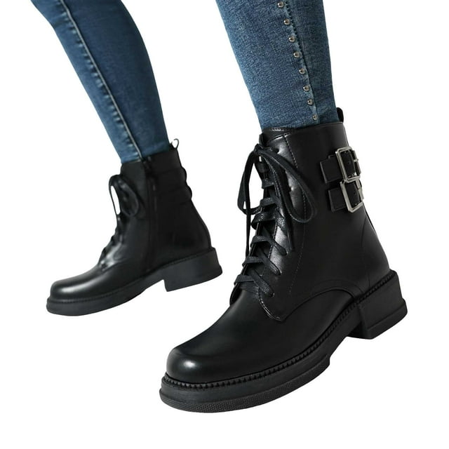 Platform Combat Boots for Women Classic Leather Buckles Lace up Chunky Heel Mid Calf Motorcycle Riding Ankle Booties with Side Zipper