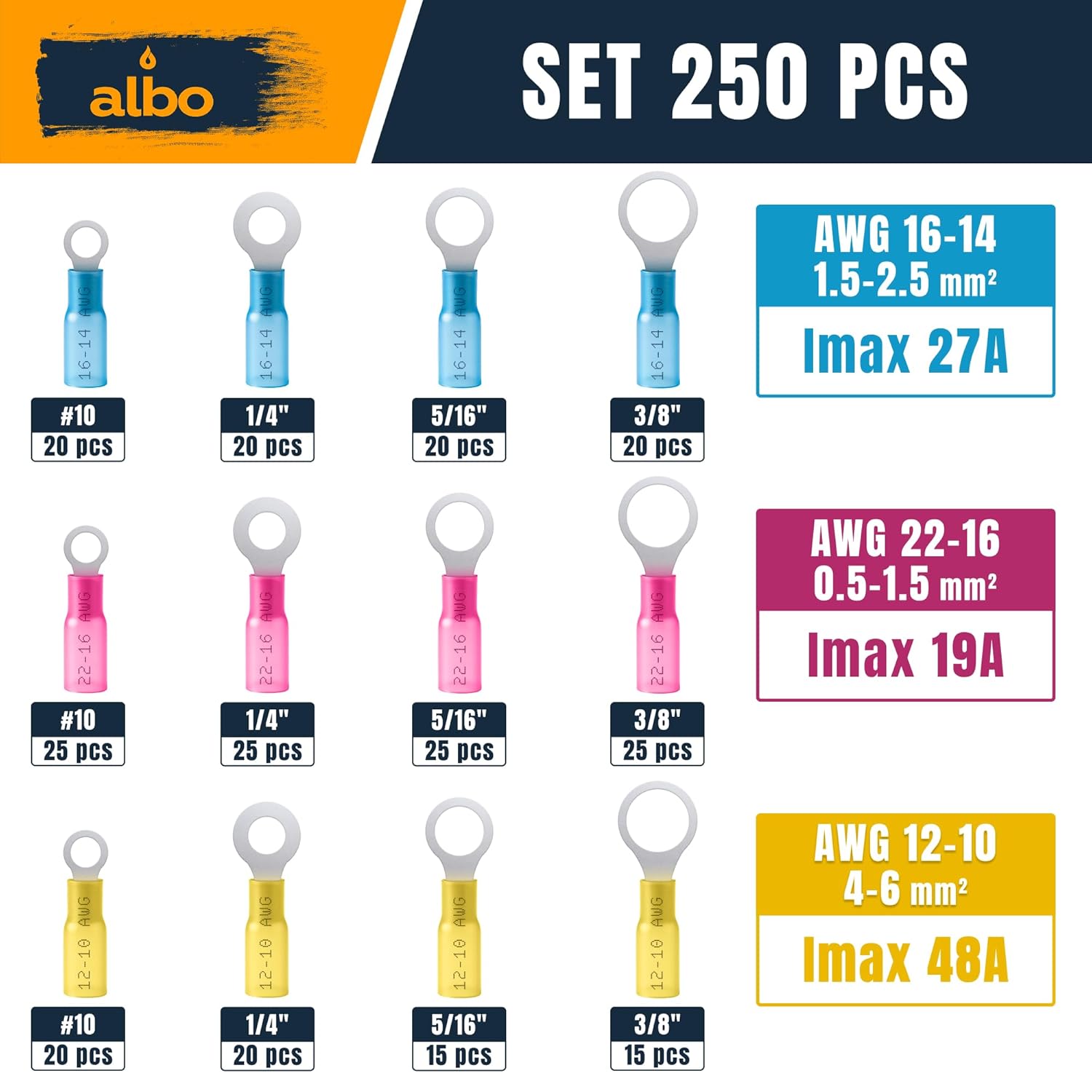ALBO Heat Shrink Ring Terminal Kit for 22-10 AWG Copper Waterproof Connectors