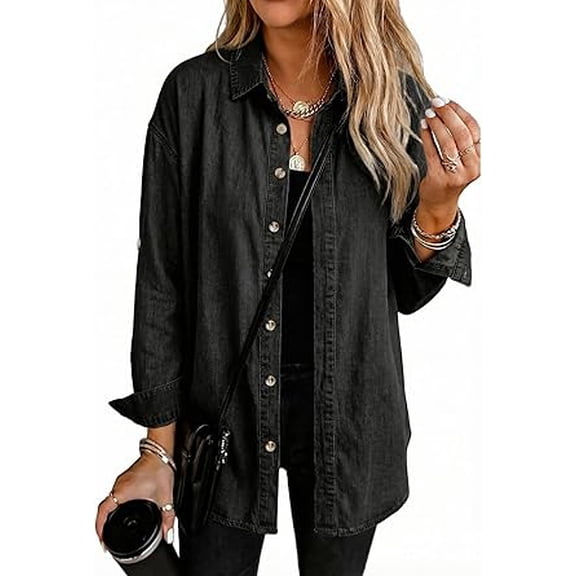 EMMIOL Women's Denim Shirt Long Sleeve Button Down Blouse Hidden Button Relaxed Fit Casual Versatile Top
