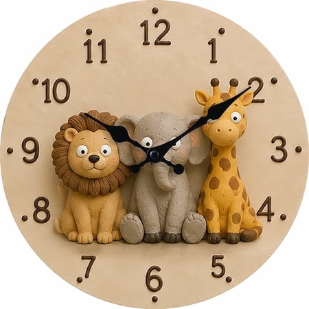 VOCOO Vintage 10 Silent Wall Clock, Non-Ticking Quartz Movement Wooden Round , Pseudo-3D Animal Clay Decorative Clock for Kids Room