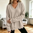 thumbnail image 2 of Dzrciro Sweatshirt for Women, Long Sleeve V Neck Khaki Pullover Tops with Scalloped Hem, Fall Casual Loose Comfy Sweatshirts S-2XL, 2 of 8