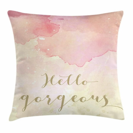 Decorative Prep Drop - Hello Gorgeous Throw Pillow Cushion Cover, Splashed Drop Watercolor Style Pink Shades Background Inspirational Quote, Decorative Square Accent Pillow Case, 18 X 18 Inches, Multicolor, by Ambesonne