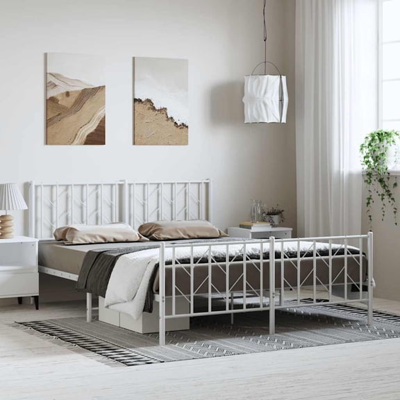 vidaXL Queen Metal Bed Frame with Headboard, Under Bed Storage, Noise Free, White, No Mattress