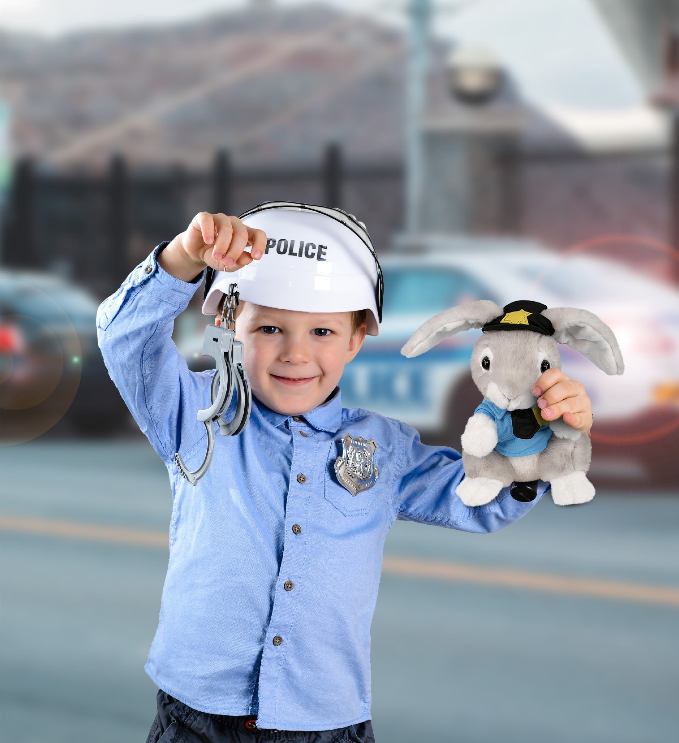 DolliBu Grey Rabbit Police Officer Plush Toy - Soft Rabbit Cop Stuffed Animal Dress Up with Cute Cop Uniform and Cap Outfit - Super Soft Farm Life Animal -  6.5 Inches