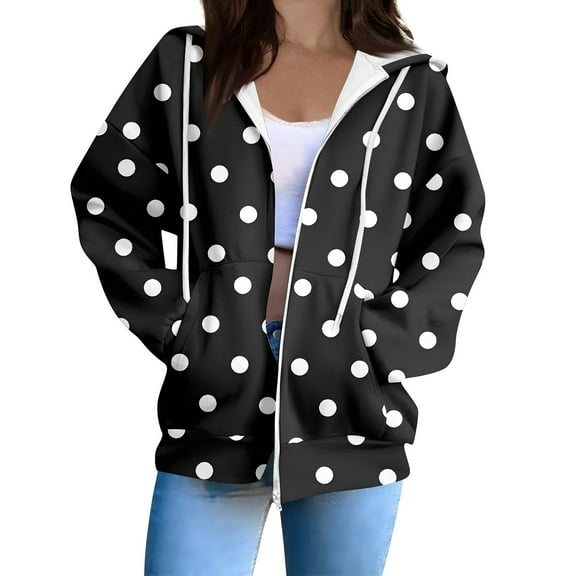 XIAONU Womens Hoodies Fleece-Lined Polka Dot Printed Drawstring Zippered Hoodie Solid Color Baggy Hooded Sweatshirt Jacket With Pockets