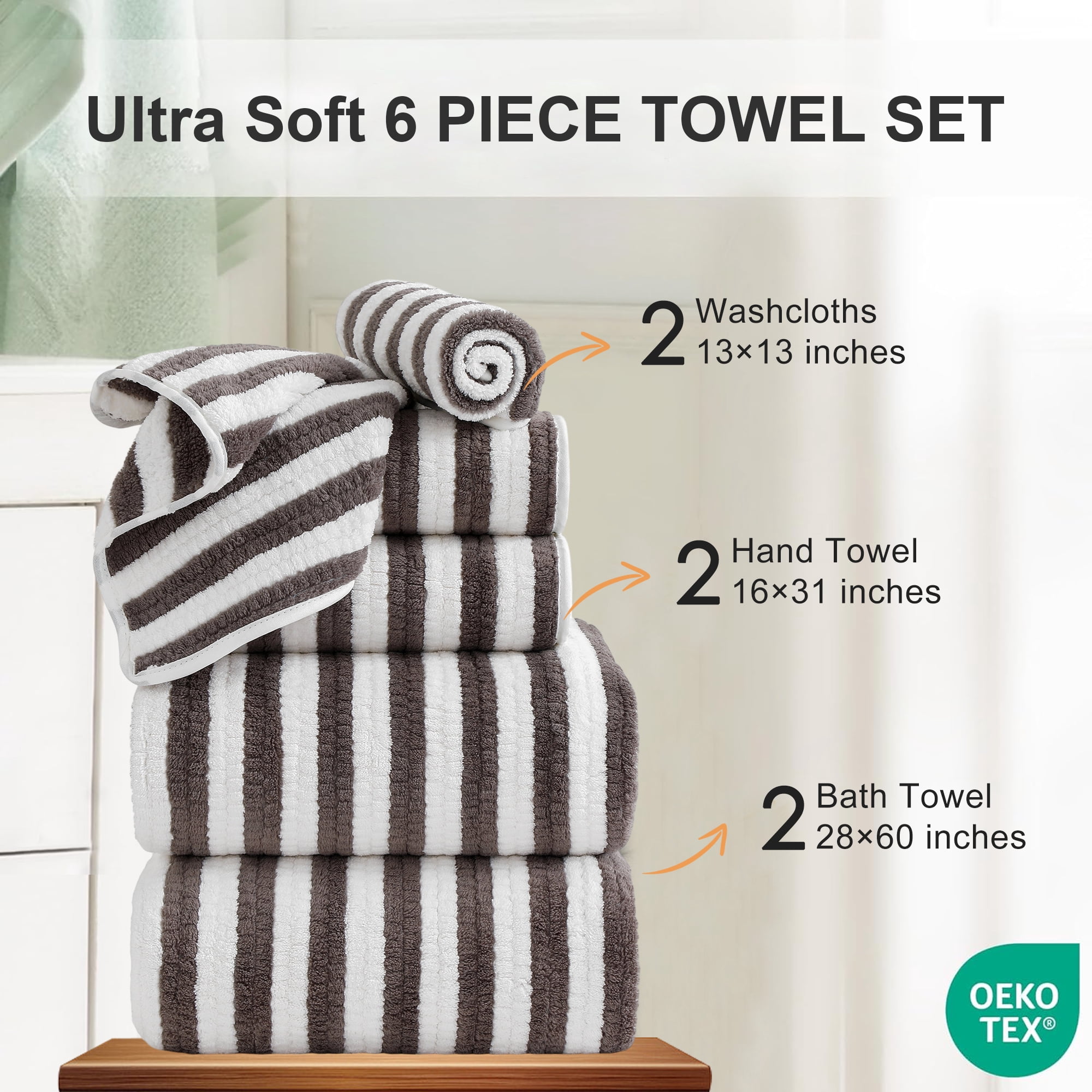 Jessy Home 6 Piece Dark Brown Bath Towel Set for Bathroom-2 Bath Towels,2 Hand Towels,2 Washcloths Soft and Plush Highly Absorbent Towel for Hotel & Spa