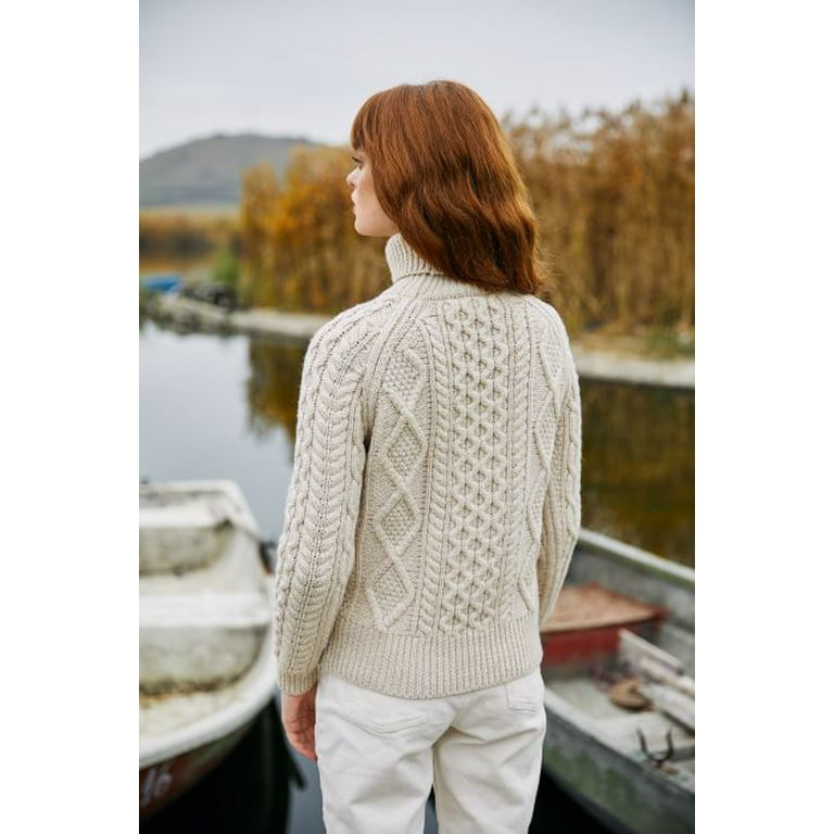 Irish Aran Fisherman Side Button Sweater Ladies, 100% Premium Heavyweight Merino Wool Cable Knit Jumper - Crew Neck - 3 Buttons Closure