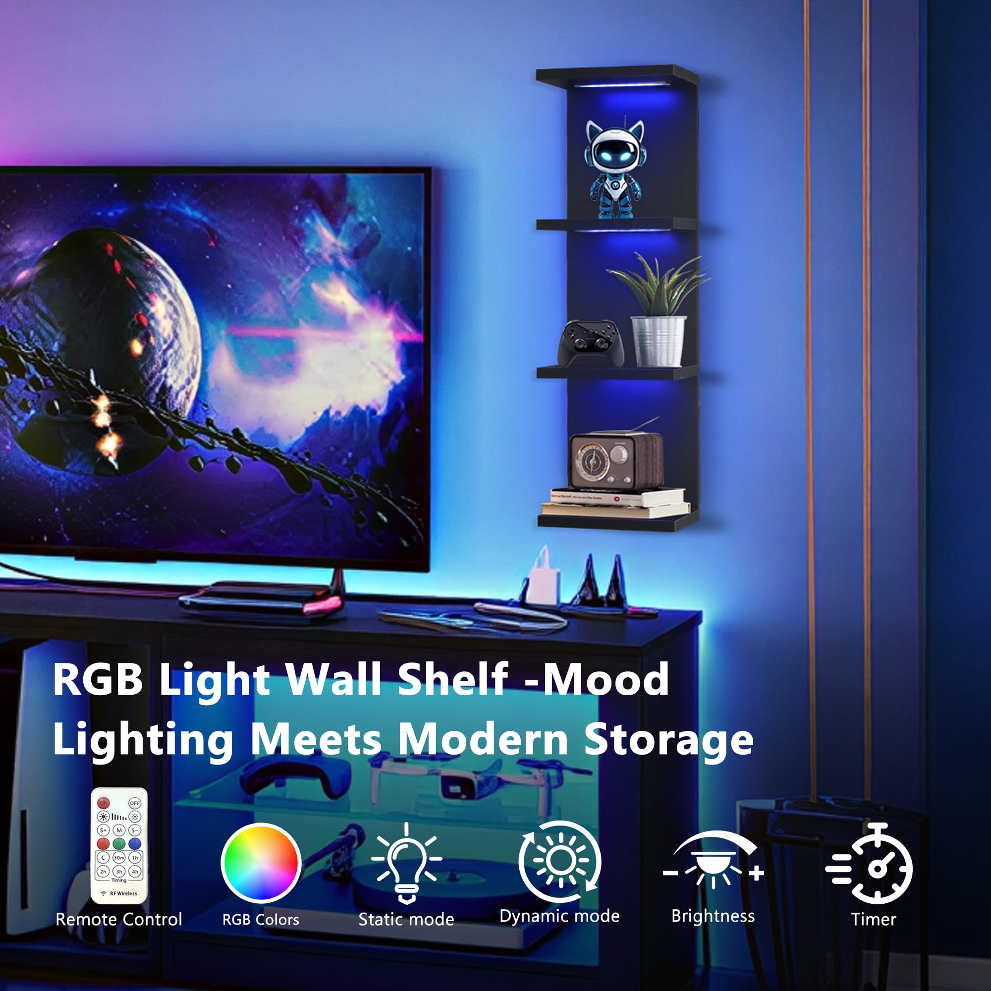 Versatile 4 Tier Wall Shelf Unit,Black Lack Wall Shelf,Display Floating Shelf with RGB Remote Control Light