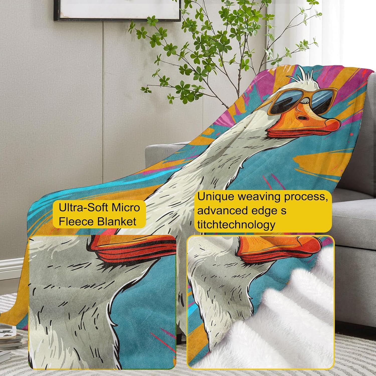 Cute Goose Blanket,Colorful Cartoon Flannel Throw Blankets,Soft Warm Lightweight Cozy Plush Animal Throws for Bedroom Sofa Home Decor Gifts for Women Girls 50"x40"