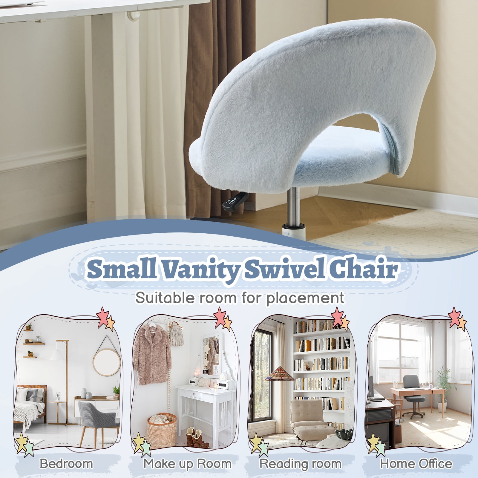 Ktaxon Vanity Makeup Chair Comfy Cute Accent Chair Small Swivel Task Office Chair with Wheels Faux Rabbit Hair Blue