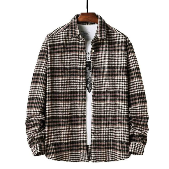DPTALR Men Flannel Plaid Turndown Collar Casual Long Sleeve Cardigan Coat Shirt