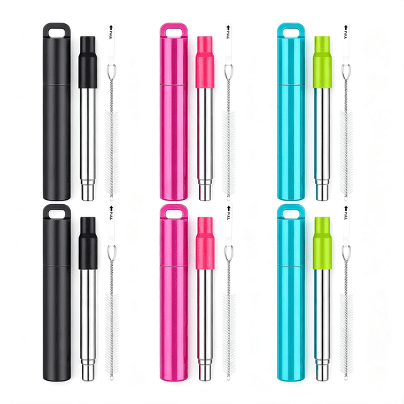 ACDANC 6 Pack Metal Reusable Straw Travel with Case Collapsible Foldable Portable Retractable Drinking Straw Stainless Steel Silicone Tip and Cleaning Brush Long for Cruise Ship Gift