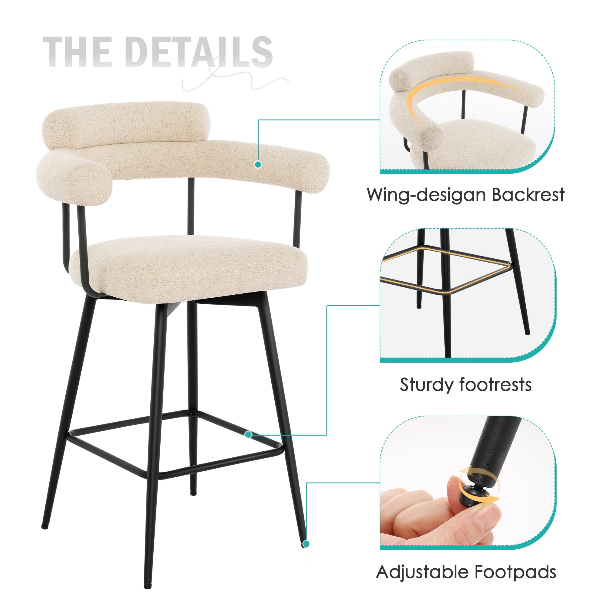 Zesthouse 26.7" Swivel Counter Stools Set of 2, Linen Upholstered Bar Stools with Back and Metal Legs, Modern Counter Height Chairs for Kitchen Island, Beige