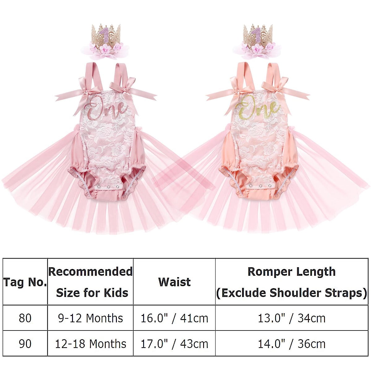 IBTOM CASTLE Baby Girl 1st Birthday Outfit Lace Tulle Romper Princess Tutu Dress Headband Shiny ONE Cake Smash Photo Shoot Clothes 12-18 Months Peach Pink