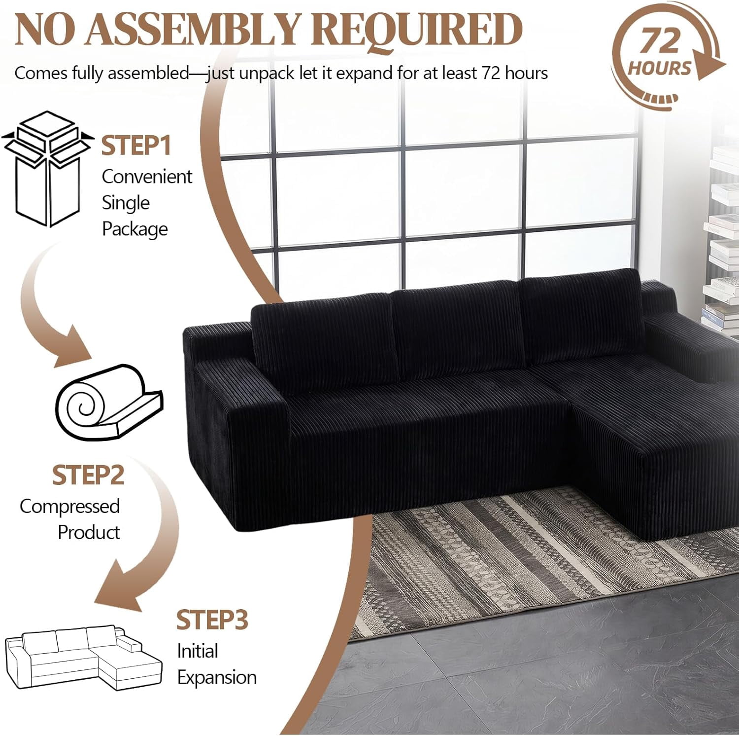 96.5" Corduroy Modular L Shaped Sectional Sofa for Living Room Bedroom, No Assembly, Black