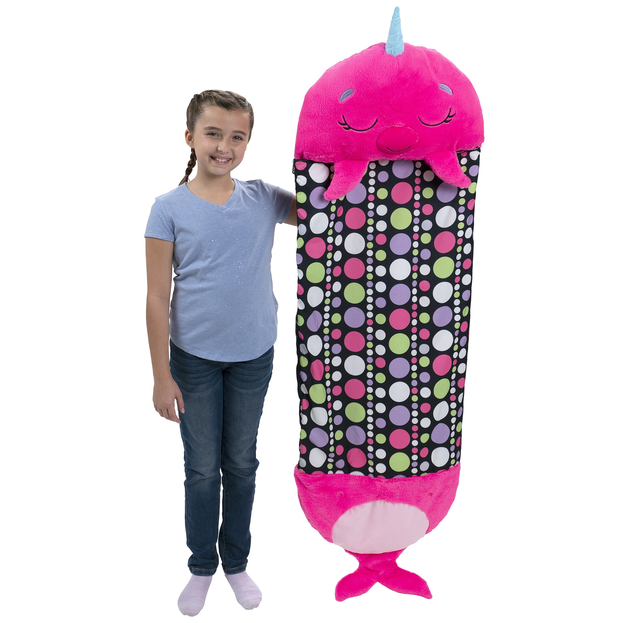 Happy Nappers: Pillow & Sleepy Sack: Medium - Neil The Pink Narwhal - 54x20", 2-In-1: Plush Animal Opens To Sleeping Bag, Soft Play Character, Kids 3+