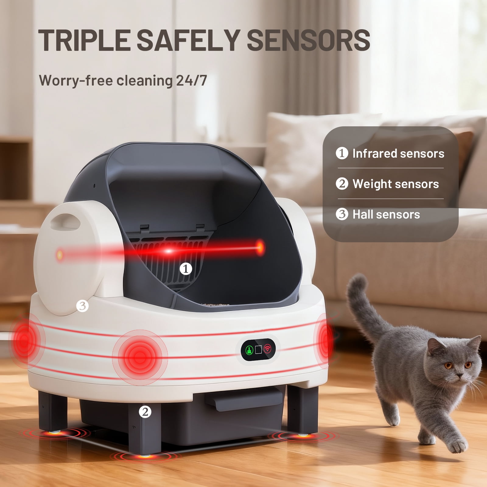 Smart Self-Cleaning Litter Box for Multiple Cats - Automatic Open-Top Cat Litter Box with App Control, 12 Safety Sensors & Odor Control - Includes Litter Liner Bags & Waterproof Litter Mat - White