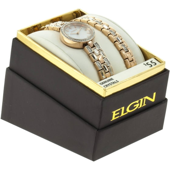 ELGIN Women's Round MOP Dial Analog Watch and Bracelet Set, Gold and