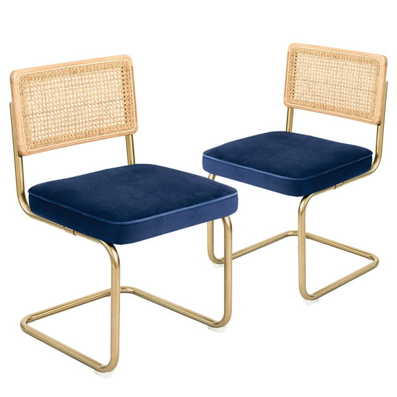 CangLong Mid-Century Modern, Natural Mesh Rattan Backrest, Upholstered Velvet Seat Armless Chairs with Metal Legs for Home Kitchen Dining Room, Set of 2, Blue