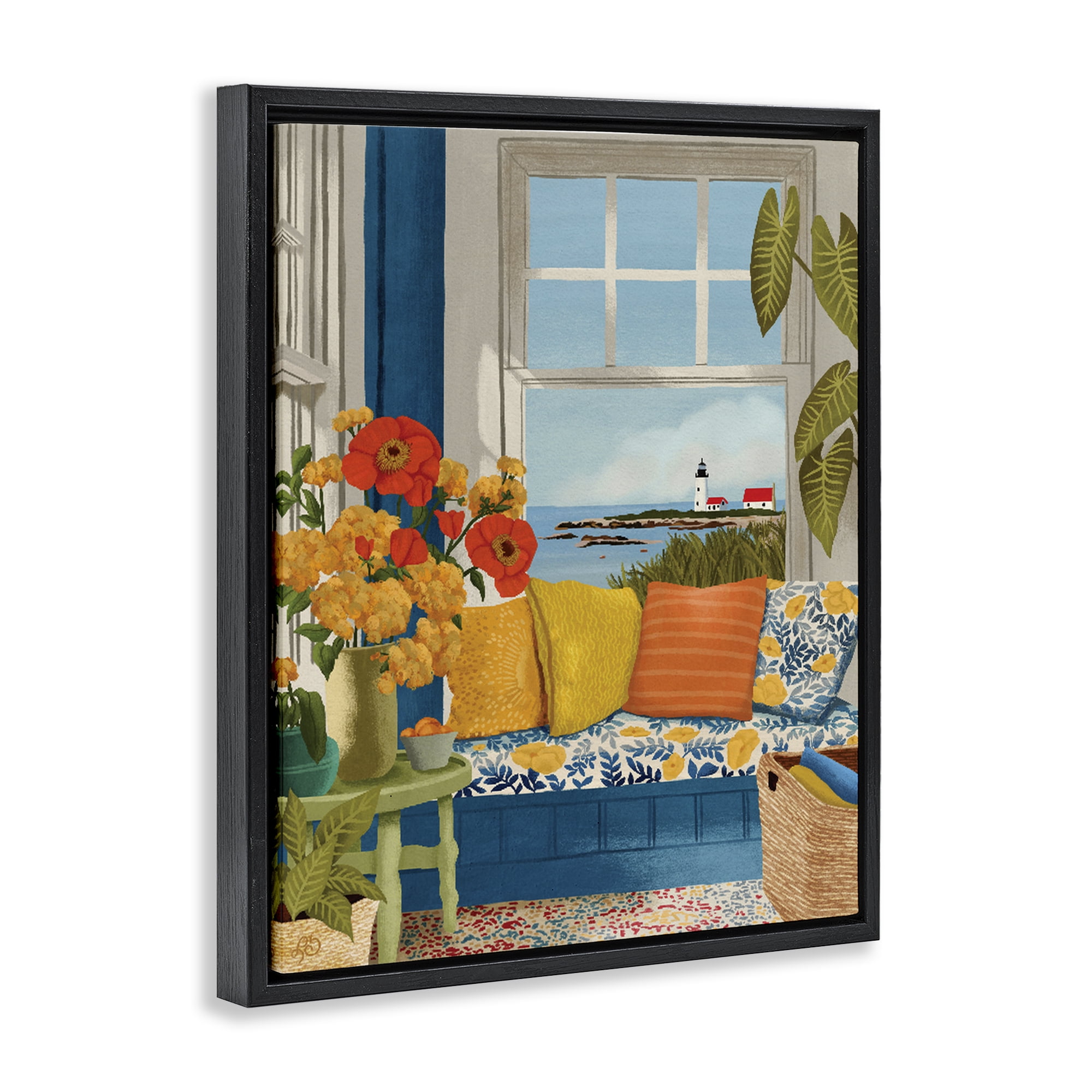 Stupell Industries Distant Lighthouse Window View Black Framed Floater Canvas Wall Art, design by Lisa R Dumm