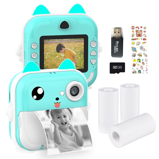 Cámara portátil para niños con impresión térmica instantánea, pantalla de 2,4 pulgadas, cámara digital, foto, selfie, vídeo HD, impresión térmica sin tinta con tarjeta de memoria de 32 GB, 3 rollos de