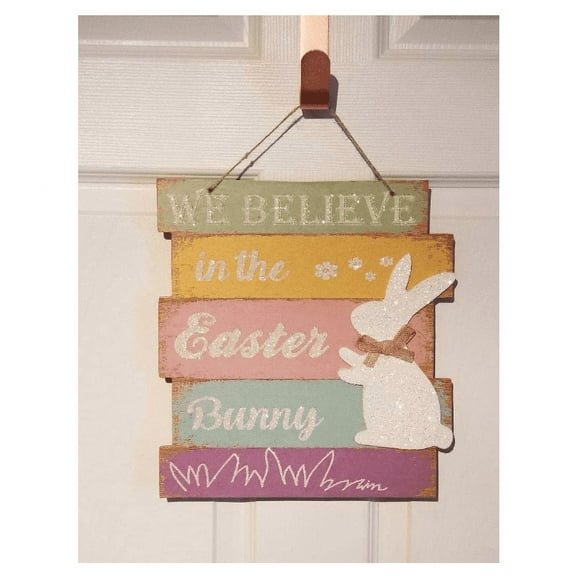 Glitter We Believe In The Easter Bunny Themed Hanging Door Wall Sign