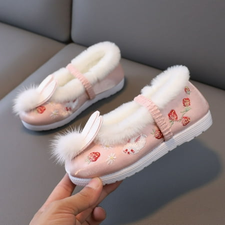 

haxmnou cloth shoes for children gilrs rubber sole warm shoes winter snow boots embroidery print cotton boots pink