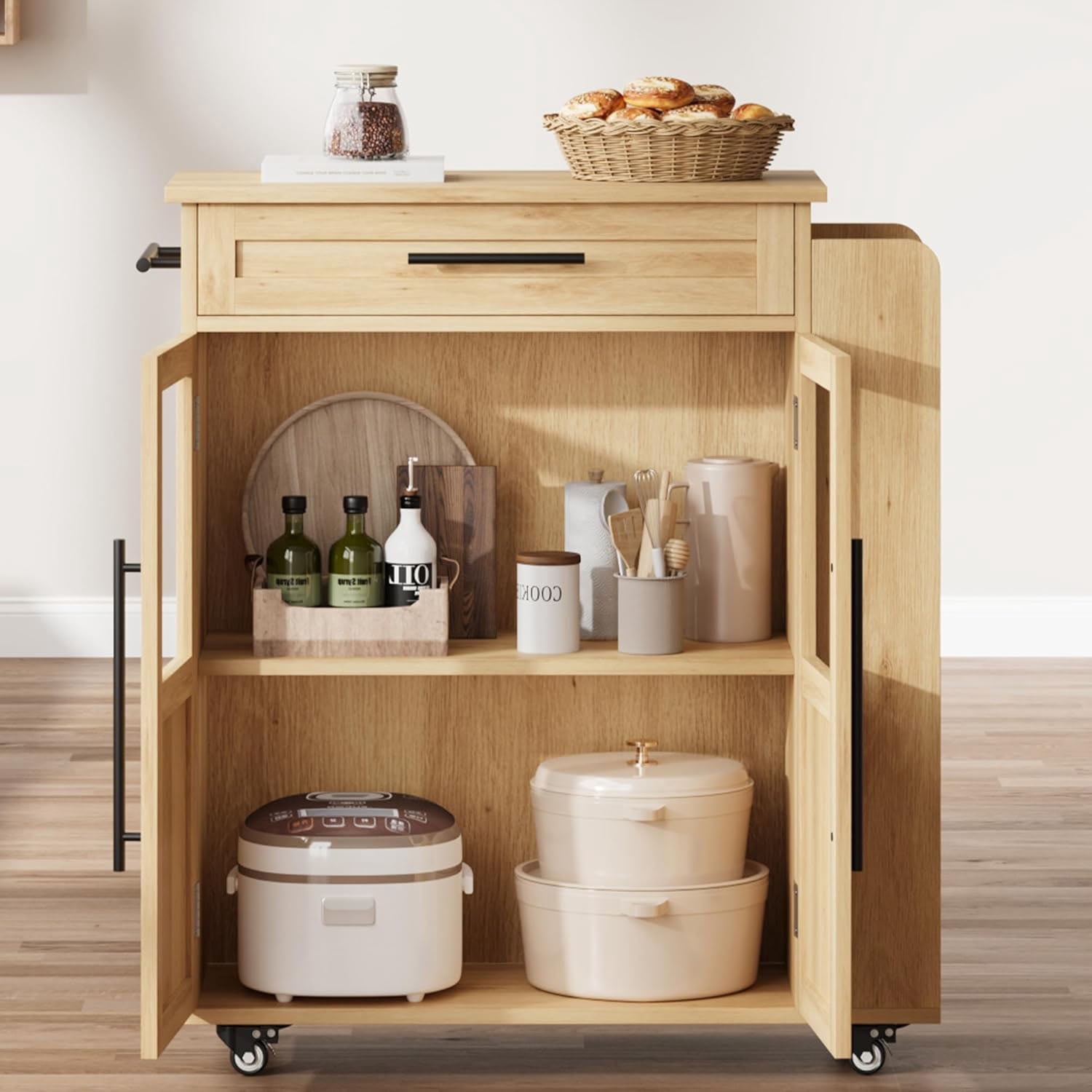 Rolling Kitchen Island with Drawer Mobile Wooden Cart with Storage Cabinet & 3-Tier Spice Rack, Thick Solid Wood Top Trolley 48" Farmhouse Coffee Bar Station with Glass Door Cabinet Spice Rack & Towel