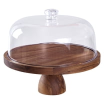 Acacia Wood Cake Stand with Lid, 1 Pc Footed Round Cake Container, 11.81 Inch Ball Top Handle Covered Cake Stand, Durable Glass Dome Cover,Brown