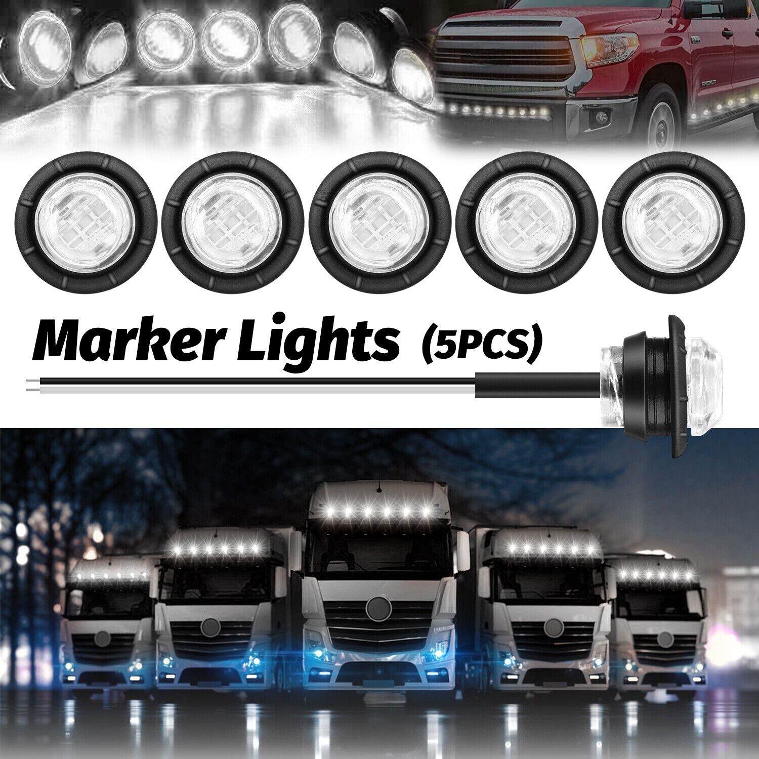 Smoke Len White Round Side Marker lights LED Bullet Light Pickup Truck Trailer