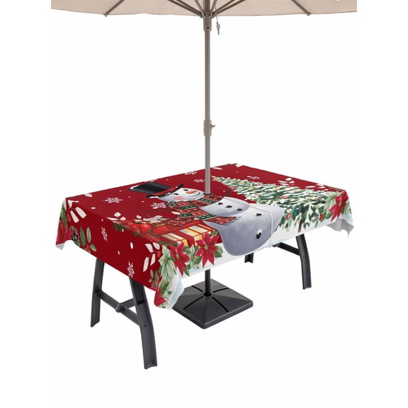 Outdoor Tablecloth with Umbrella Hole and Zipper, Red Christmas Rectangle Table Cloth 60x84 Inch Waterproof Tablecloth, Snowman Xmas Tree Poinsettia Snowflake Picnic Table Cover for Patio Camping