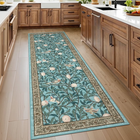 Geetinfly Washable Runner Rug 2x6 Botanical Print Rugs Living Room Rugs Farmhouse Non-Slip Indoor Rug SoFT Area Rugs Stain Resistant Carpet for Entryway Laundry Room Bedroom Light blue