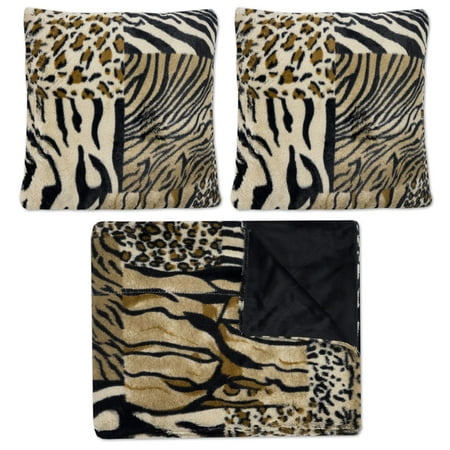 Mixed Exotic Animal Print 3 Piece Plush Faux Fur Decorative Pillow and Throw Set - Walmart.com