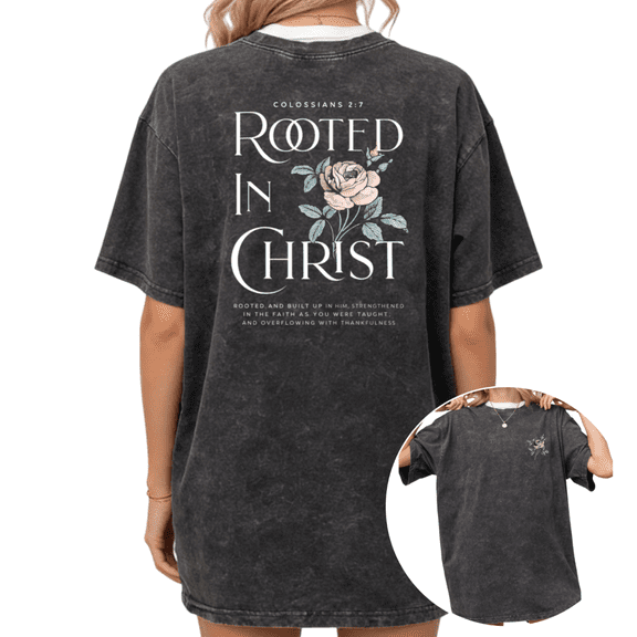 Cozymy Women's "Rooted In Christ" Floral Christian Graphic Washed Black Short Sleeve T-Shirt, Casual Crewneck Tee