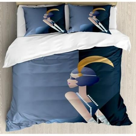 Retro Queen Size Duvet Cover Set, 20s Style Short Hair Flapper Girl with Pearl Necklace and Hair Band, Decorative 3 Piece Bedding Set with 2 Pillow Shams, Blue Grey and Dark Blue, by
