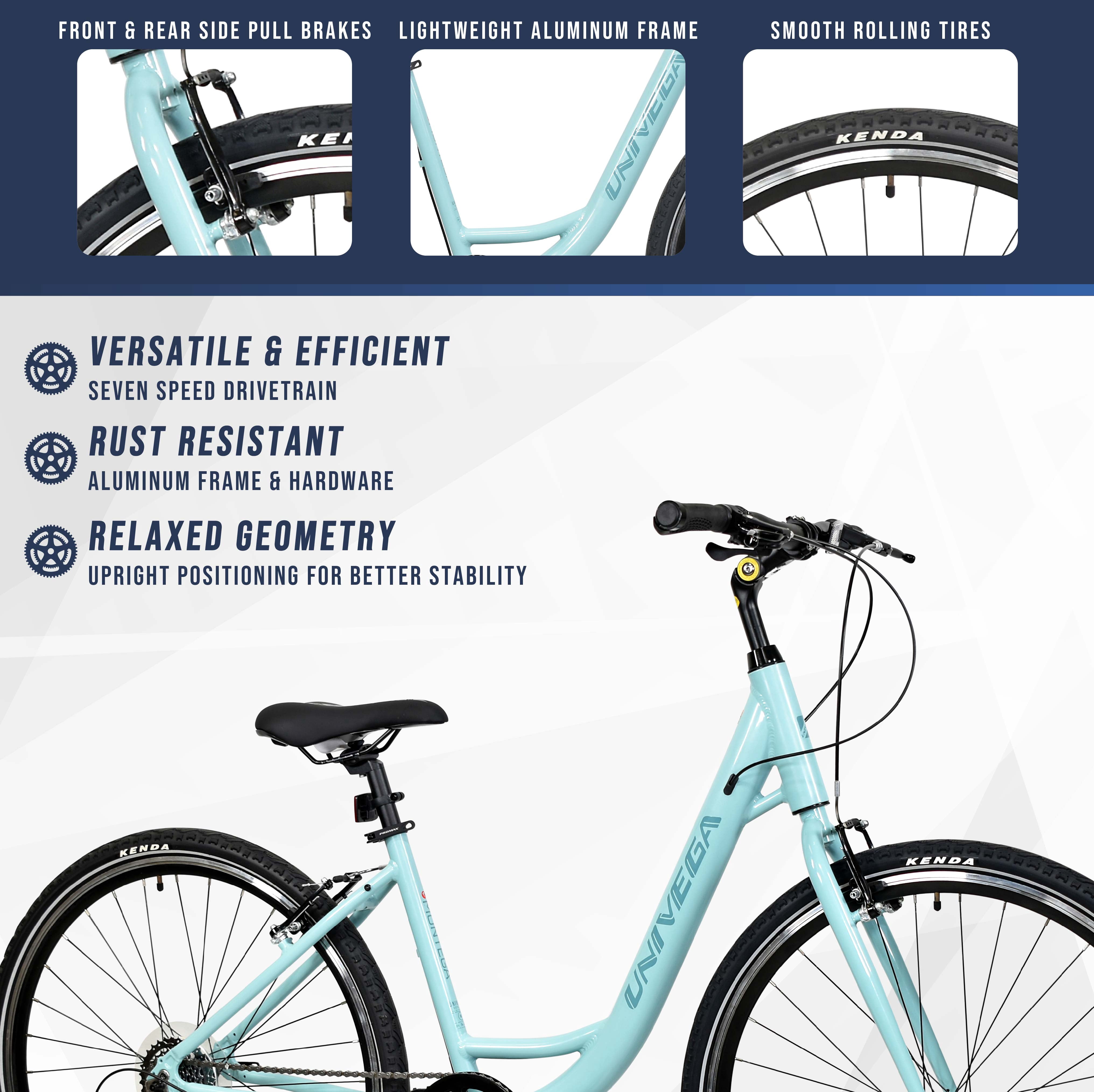 700C Univega Montega Step Thru Comfort Hybrid Adult Bicycle, Small Frame, Fits Rider 5'2" - 5'6", Unisex, Light Teal