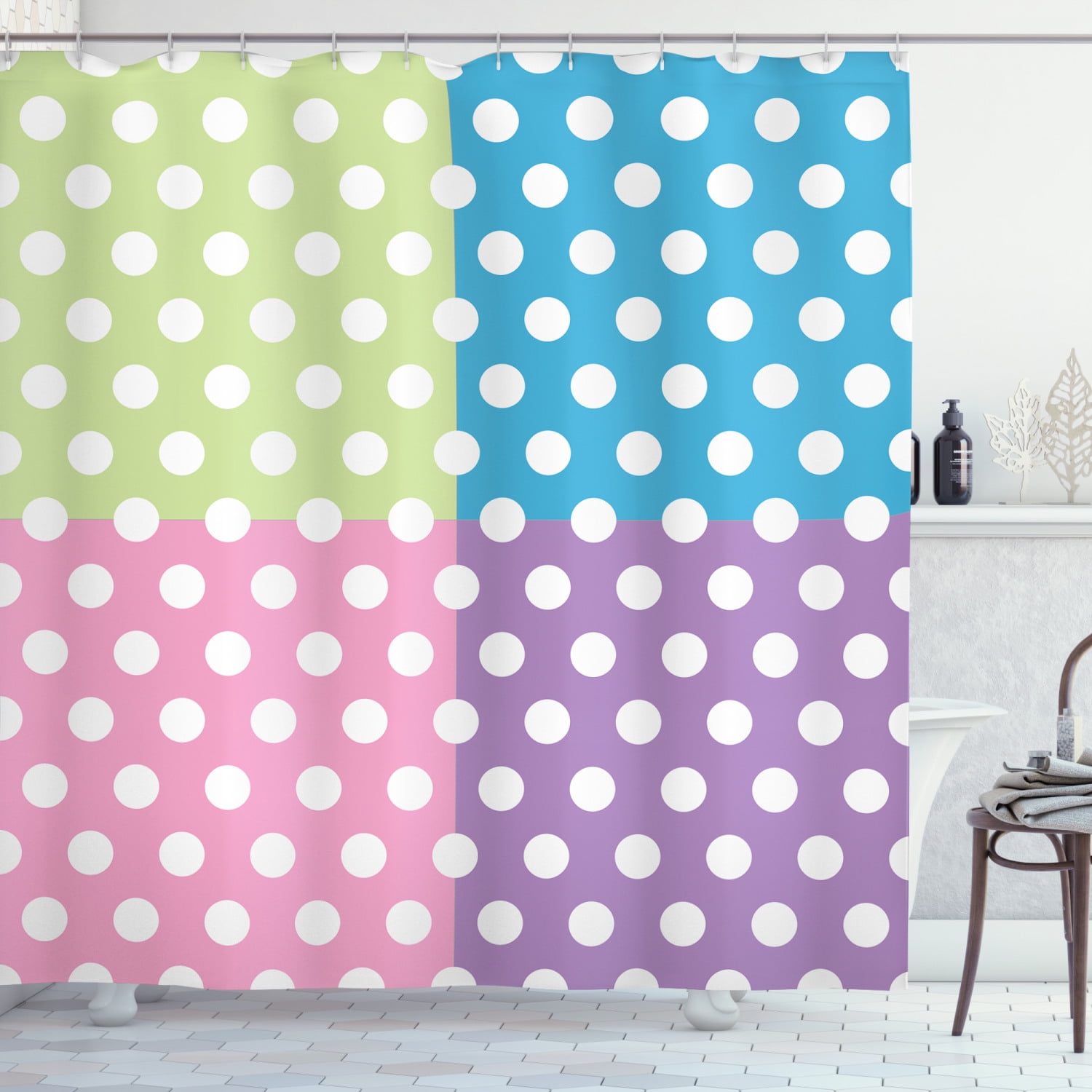 Polka Dots Home Decor Shower Curtain Set, Polka Dots In Modern Patchwork Design Print Nursery Playroom Kids Sprinkles, Bathroom Accessories, 69W X 70L Inches, By Ambesonne