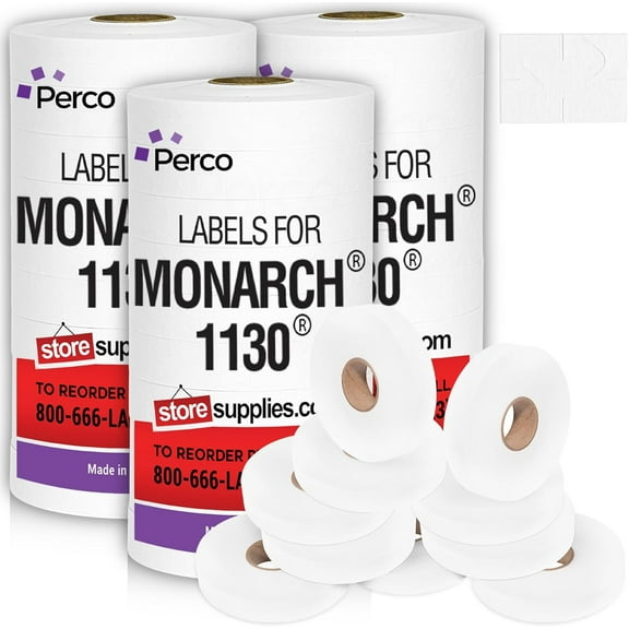 Perco White Pricing Labels for Monarch 1130 Pricing Gun, 3 Sleeves - 75,000 Price Gun Labels with Bonus Ink Rolls