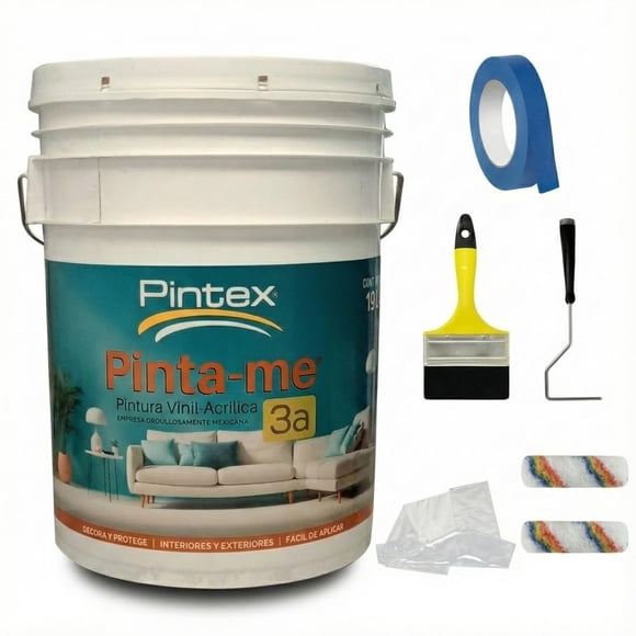 PINTEX Kit Pinta-me Pintura Vinil-Acrílica 19 L | Incluye Brocha, Mini Rodillo, Felpas, Masking Tape y Plastiprotector | Acabado Mate | Fácil Aplicación | Interiores y Exteriores | Amarillo Trigo