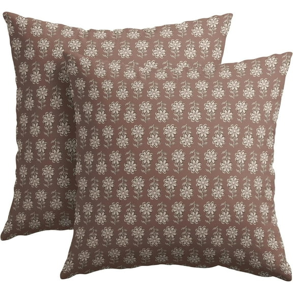 Vintage Pillow Covers 18x18 Inch Set of 2 Brown Floral Block Print Outdoor Decorative Throw Pillows Neutral Pattern Pillowcases Square Cushion Covers for Couch Home Decor
