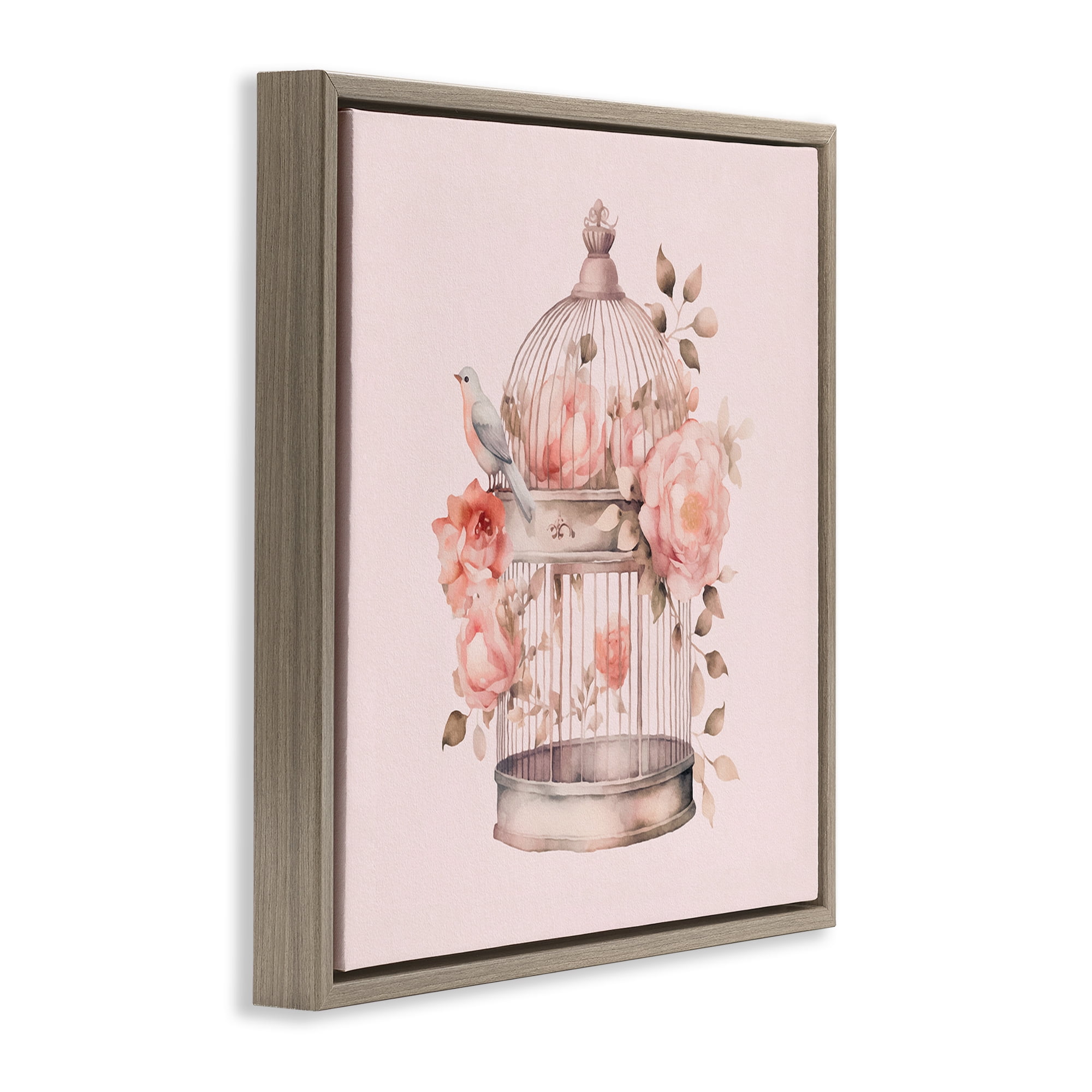 Stupell Industries Bird Cage with Rose Blooms Botanical & Floral Painting Brown Floater Framed Canvas Art Print Wall Art, 18 x 18
