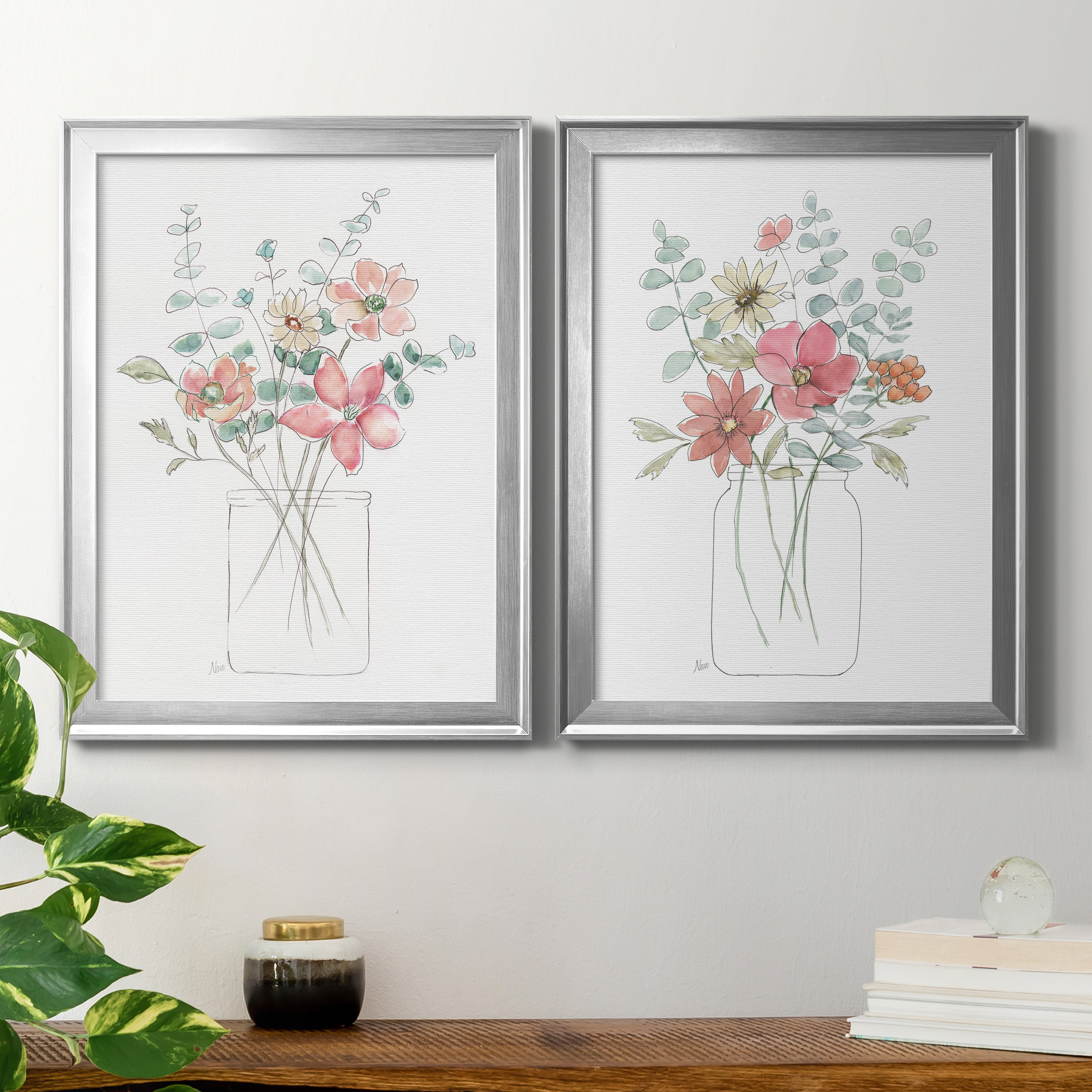 2 Piece Set Whimsical Wildflowers I Premium Framed Canvas - Ready to Hang - 22.5 x 30.5 Each - Silver Frame