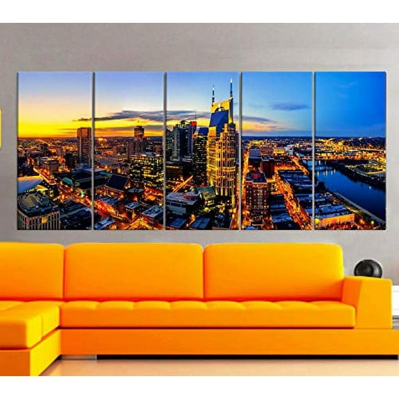 BoxColors - XLARGE 30"x 70" 5 Panels 30"x14" Ea Art Canvas Print Nashville Skyline Downtown night Multicolor Wall Home office decor interior (framed 1.5" depth)