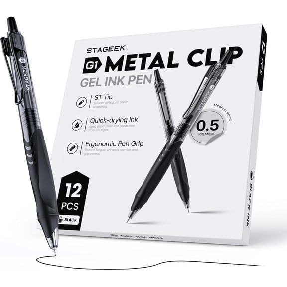 STAGEEK 12 Pack Black Gel Pens, Quick Dry Black Ink Pens, 0.5mm Fine Point Retractable Smooth Writing Pens for Journaling, Writing, Business Gel Pen(Black)