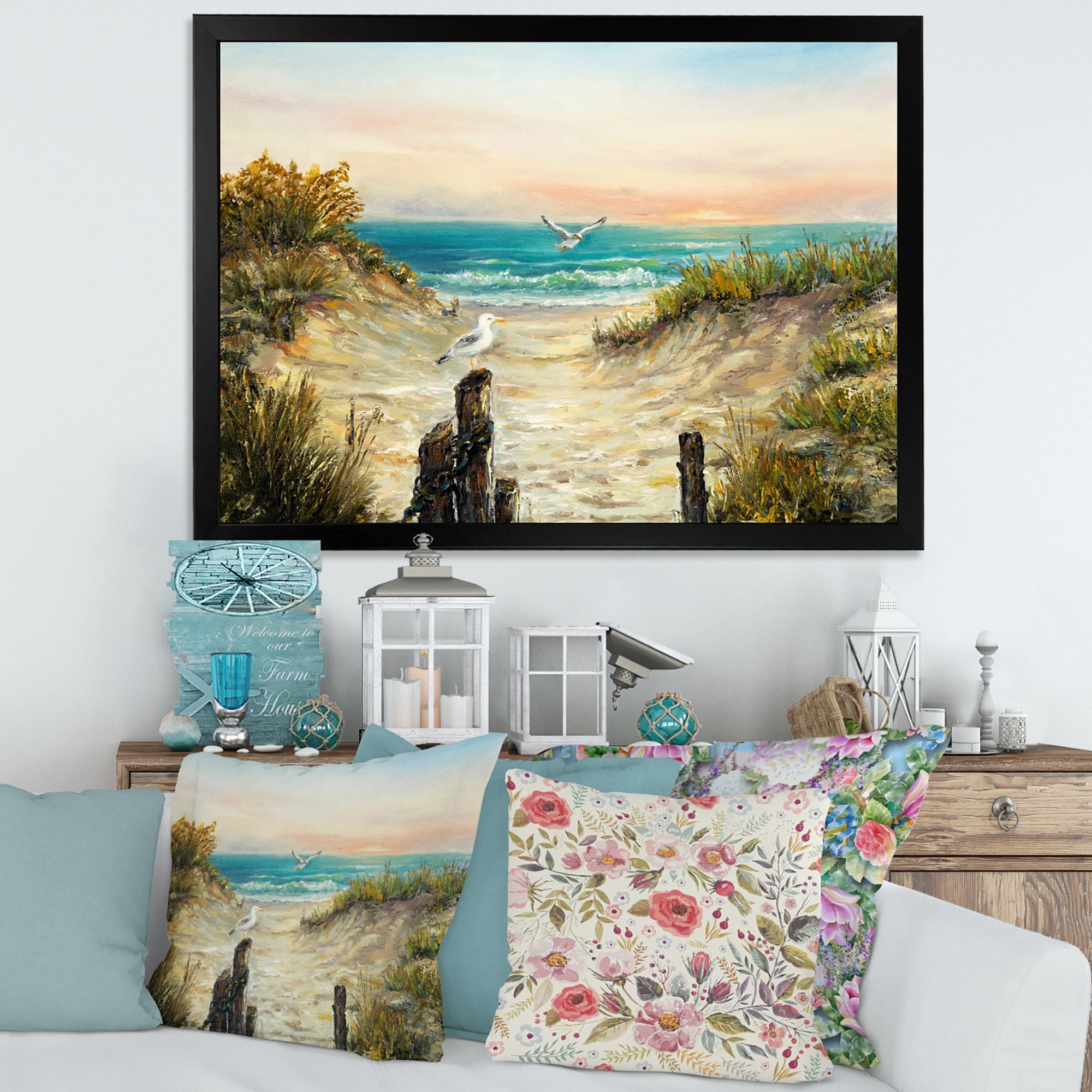 Ocean Dunes During Pink Sunset on Beach 40 in x 30 in Framed Painting Canvas Art Print, by Designart