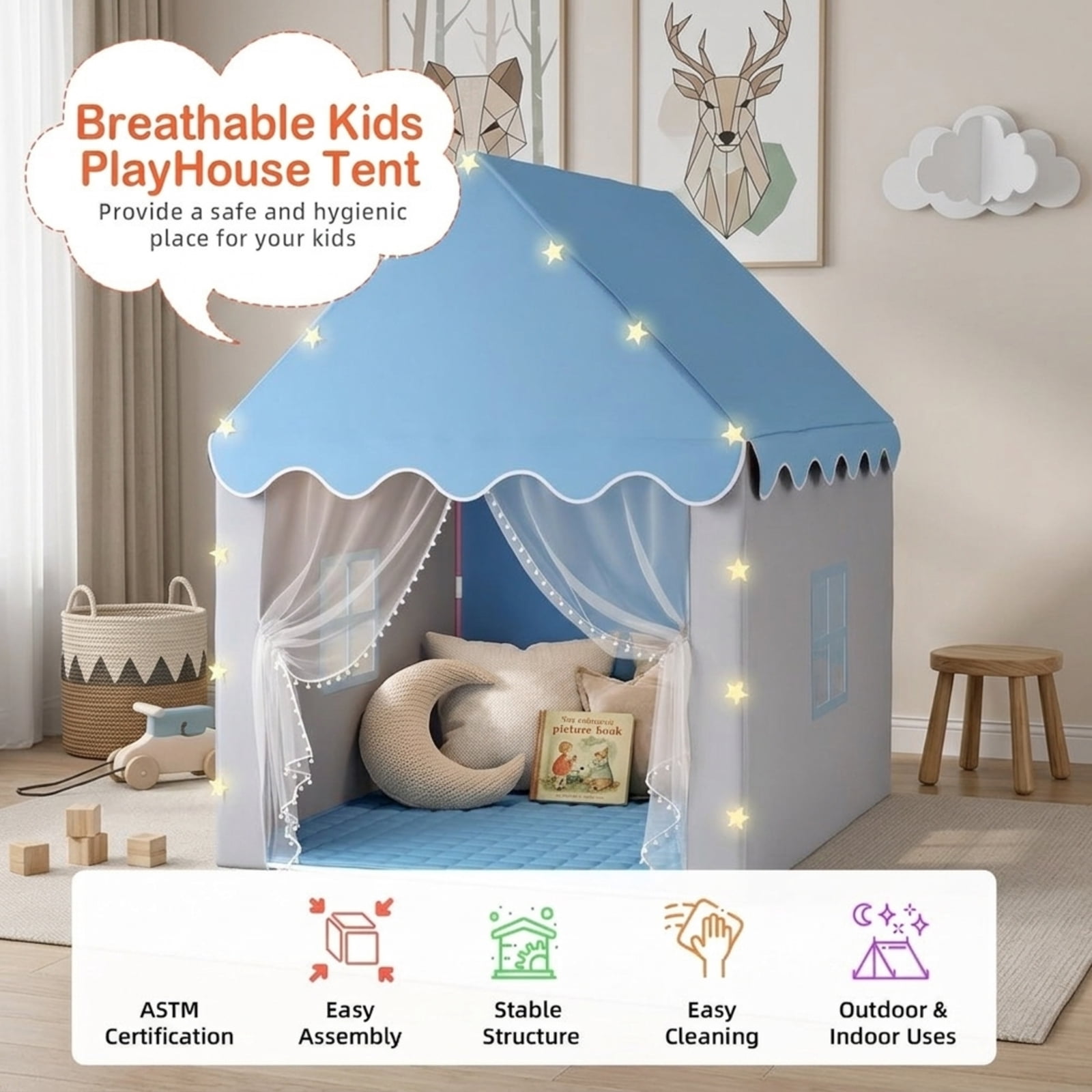 Fenbeli 2-in-1 Kids Play Tent with Padded Mat and Star Lights, Indoor Outdoor Playhouse with Windows, Blue and Gray